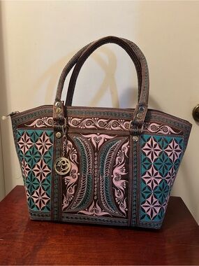 Embroidered Tote Bag in Pink and Teal with Brown Accents